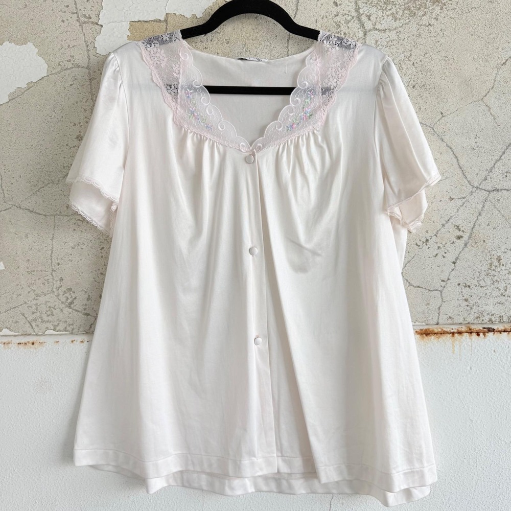 Vtg Vanity Fair Top Pastel Embroidered Lace Pale Pink Blouse USA Made Feminine L